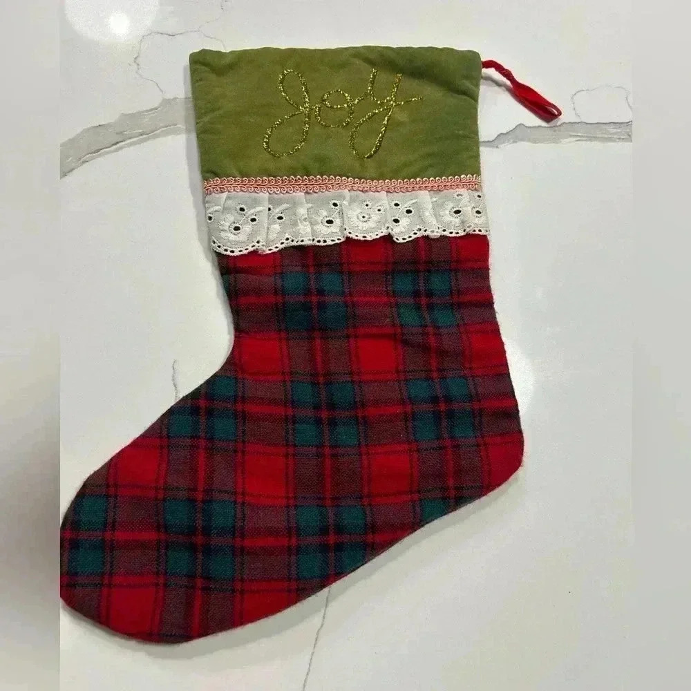Vintage 1985 Joy Plaid Christmas Stocking Cuff Velvet Green Red New Made Taiwan